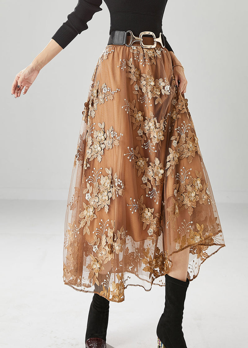 Brown Elastic Waist Embroideried Tulle Skirts Fall