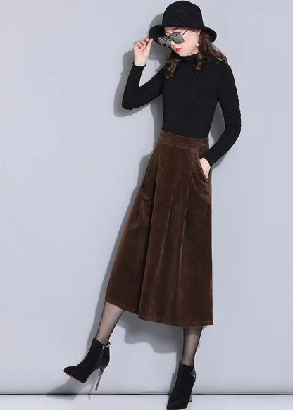 Brown Elastic Waist Pockets Corduroy a Line Skirts Spring
