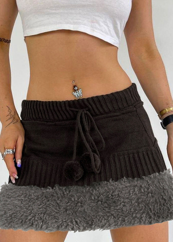 Brown Fluffy Elastic Waist Patchwork Knit Skirts Fall
