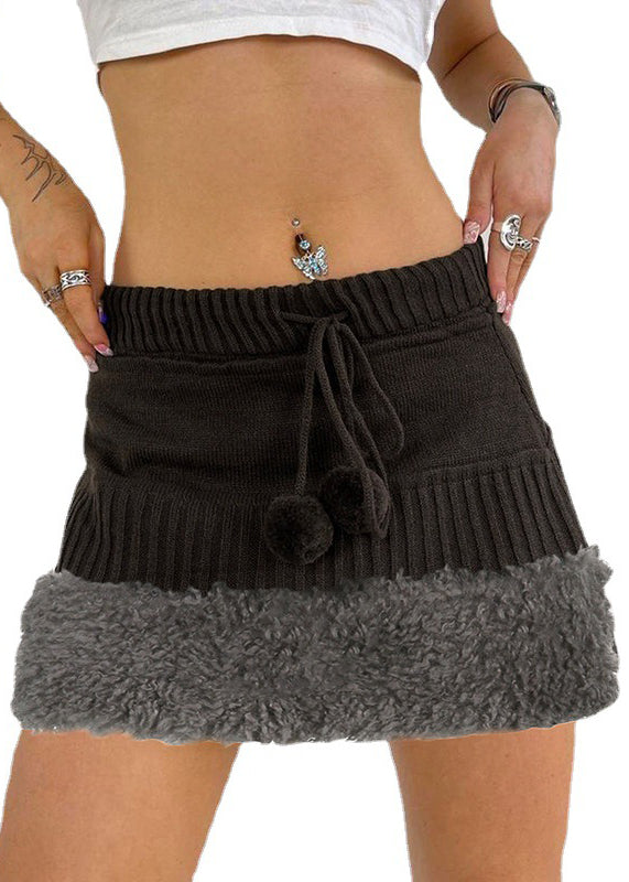 Brown Fluffy Elastic Waist Patchwork Knit Skirts Fall
