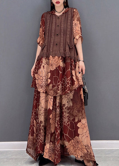 Brown Hooded Knit Patchwork Chiffon Tops and Wide Leg Pants Two Pieces Half Sleeve