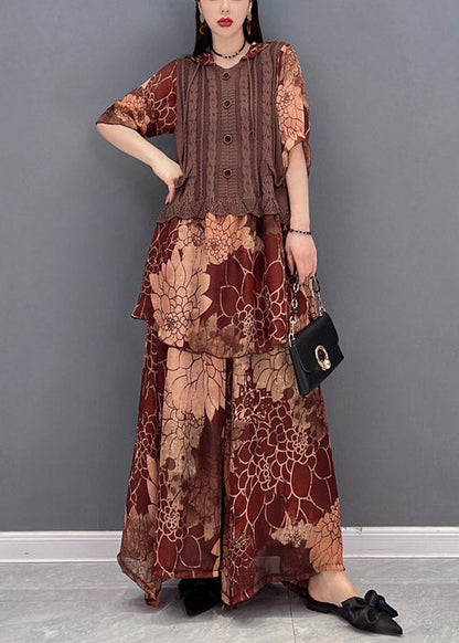 Brown Hooded Knit Patchwork Chiffon Tops and Wide Leg Pants Two Pieces Half Sleeve