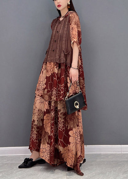 Brown Hooded Knit Patchwork Chiffon Tops and Wide Leg Pants Two Pieces Half Sleeve