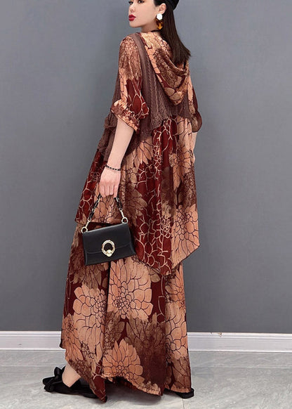 Brown Hooded Knit Patchwork Chiffon Tops and Wide Leg Pants Two Pieces Half Sleeve