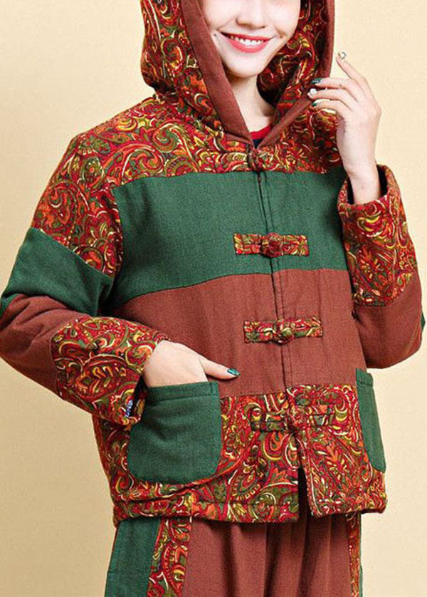 Brown Hooded Pockets Patchwork Fine Cotton Filled Parkaer Winter
