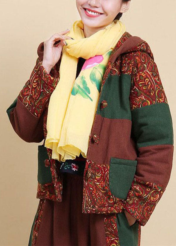 Brown Hooded Pockets Patchwork Fine Cotton Filled Parkaer Winter