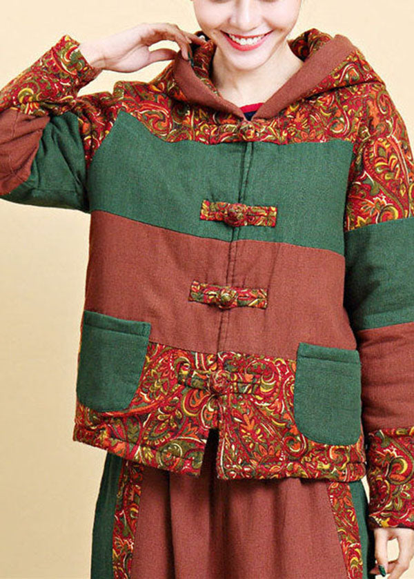 Brown Hooded Pockets Patchwork Fine Cotton Filled Parkaer Winter