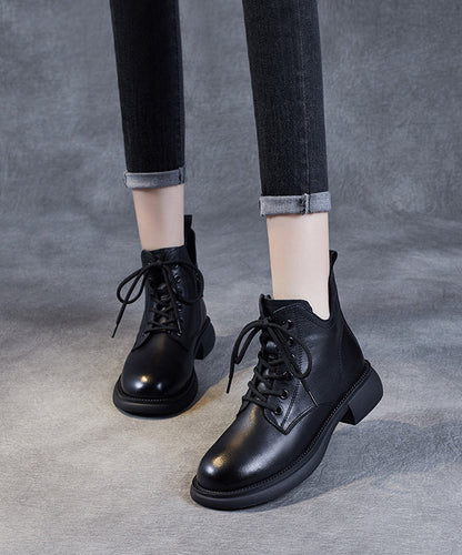 Brown Lace Up Chunky Boots Cowhide Leather Ankle Boots