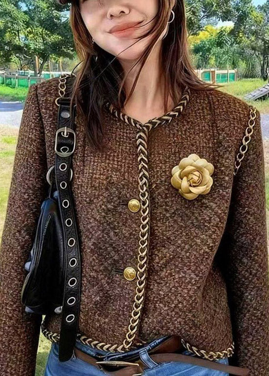 Brown O Neck Button Cotton Short Coat Spring