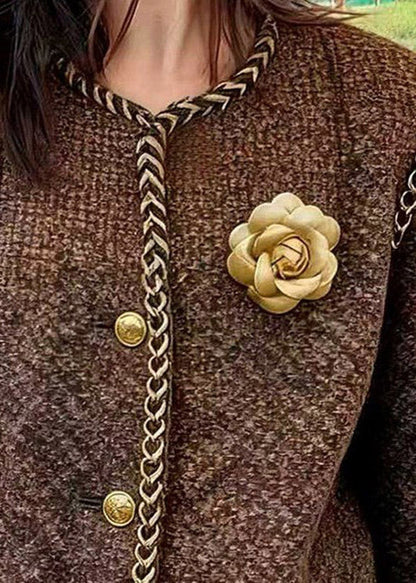 Brown O Neck Button Cotton Short Coat Spring