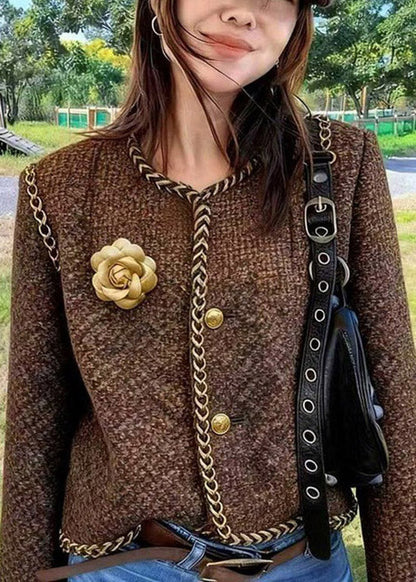 Brown O Neck Button Cotton Short Coat Spring