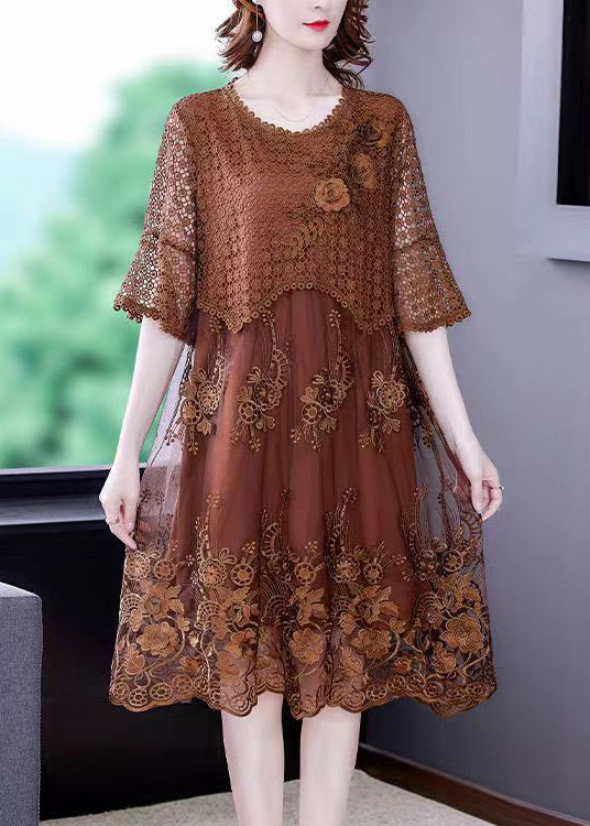 Brown O-neck Embroideried Lace Vacation Dresses Half Sleeve