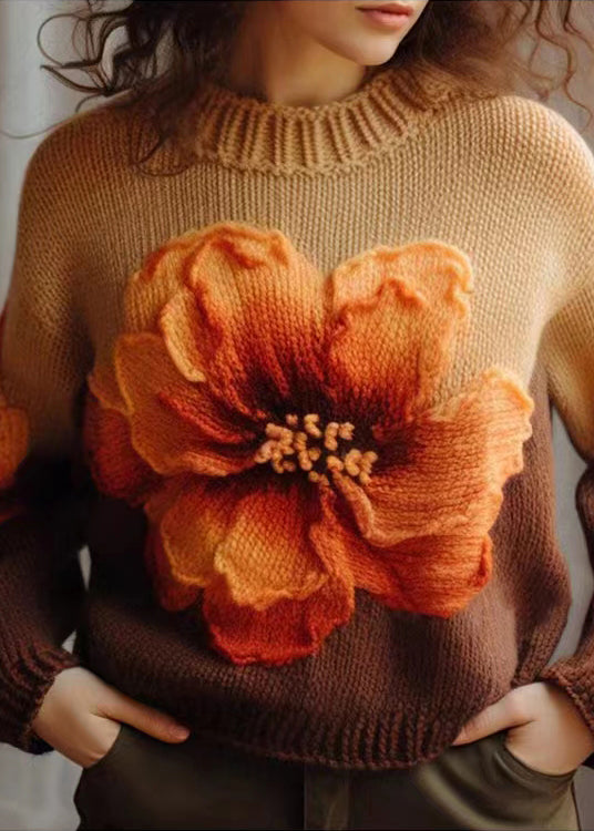 Brown O Neck Cotton Knit Sweaters Long Sleeve