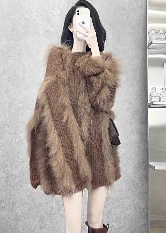 Brown O Neck Fox Hair Patchwork Knit Sweaters Winter