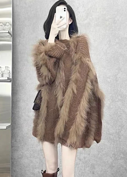 Brown O Neck Fox Hair Patchwork Knit Sweaters Winter