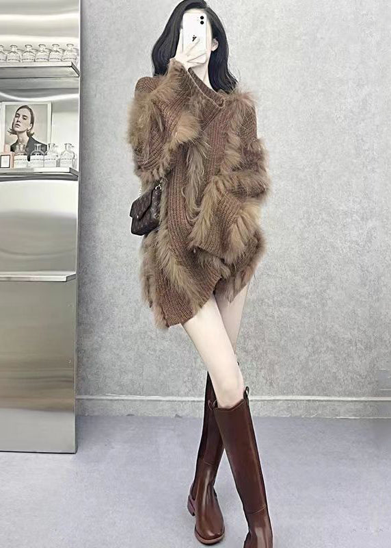 Brown O Neck Fox Hair Patchwork Knit Sweaters Winter
