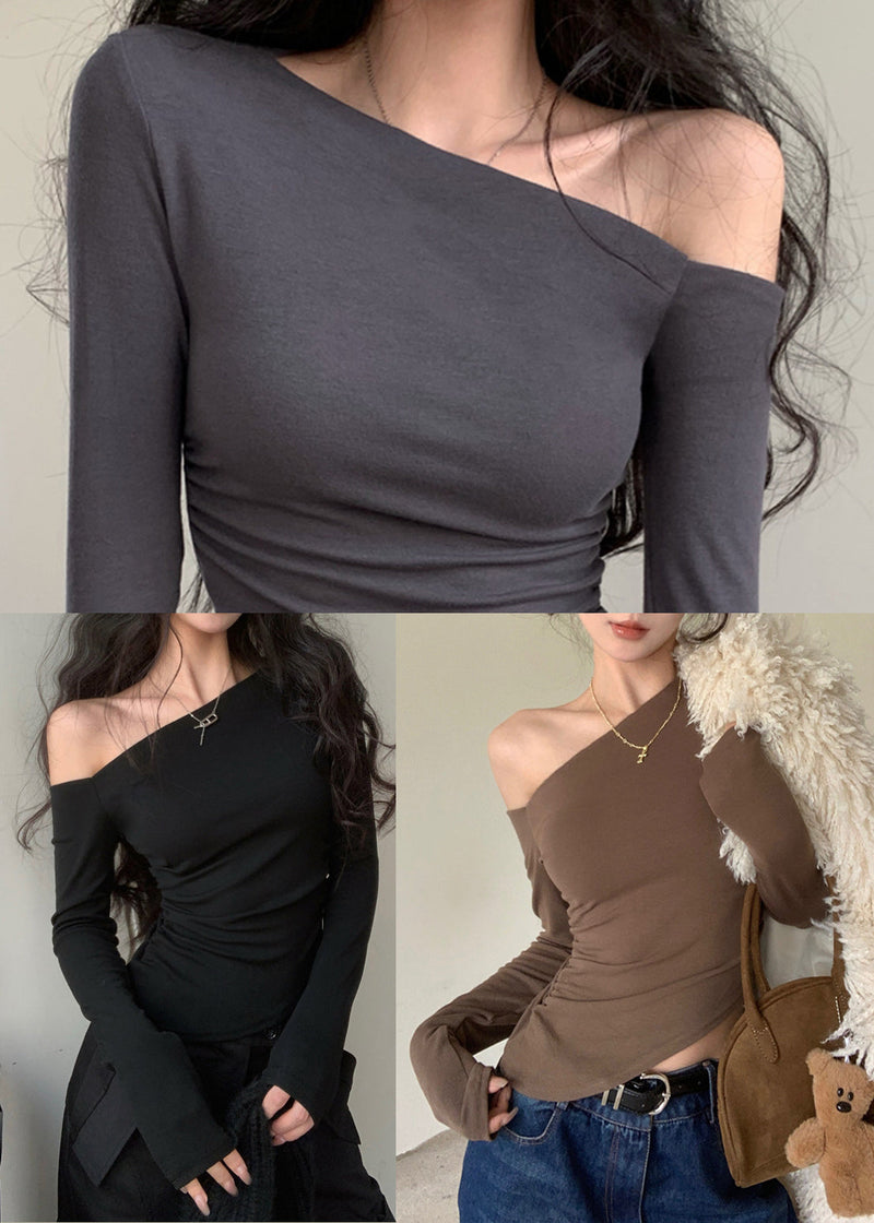 Brown One Shoulder Cotton Blouse Tops Fall