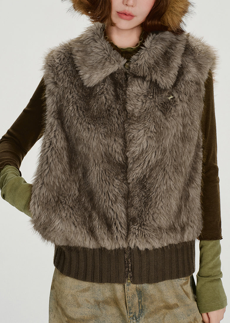 Brown Oversized Patchwork Faux Fur Vests Winter
