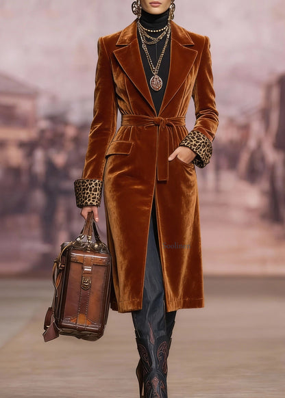 Brown Peter Pan Collar Lace Up Velvet Coat Spring