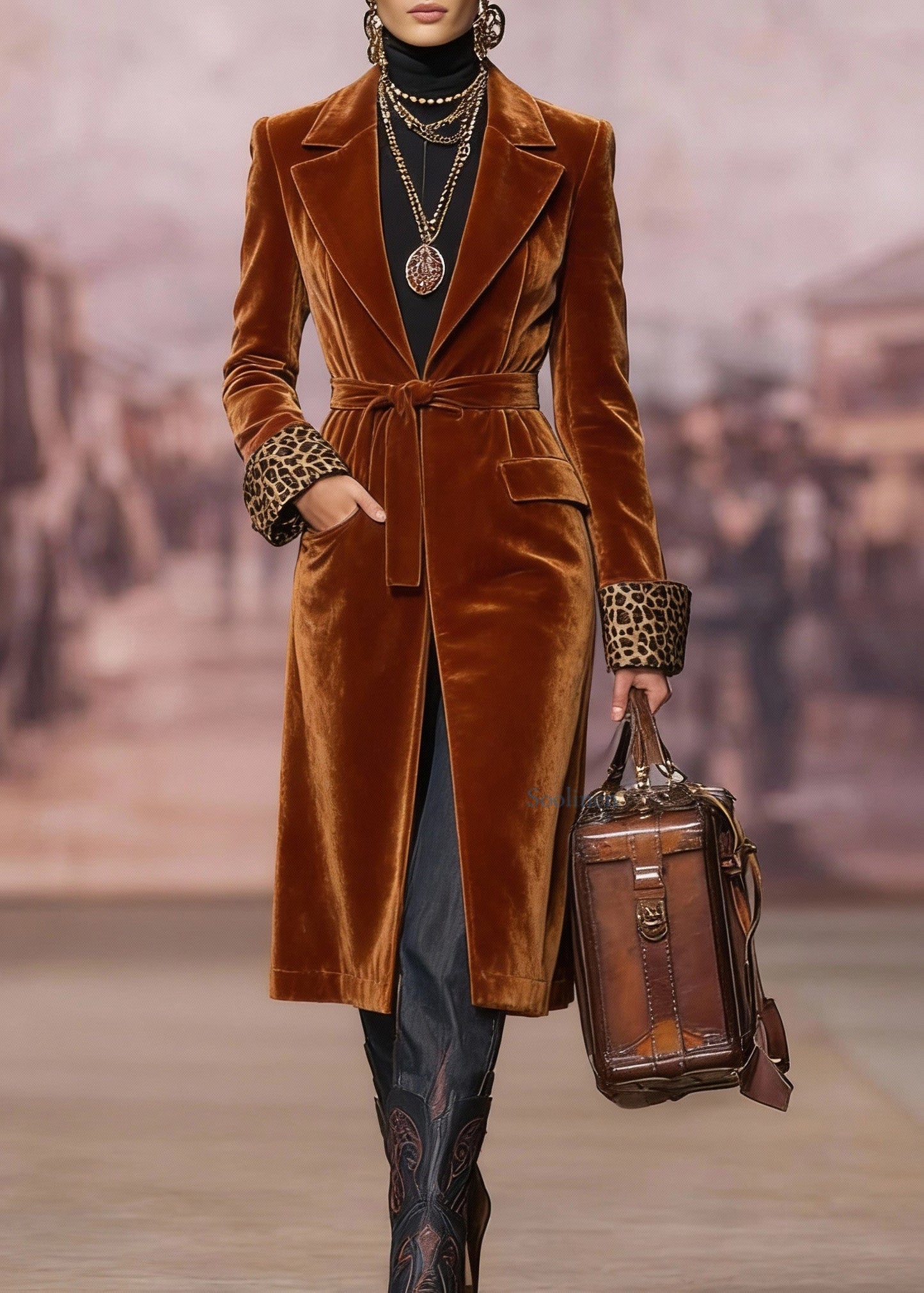 Brown Peter Pan Collar Lace Up Velvet Coat Spring