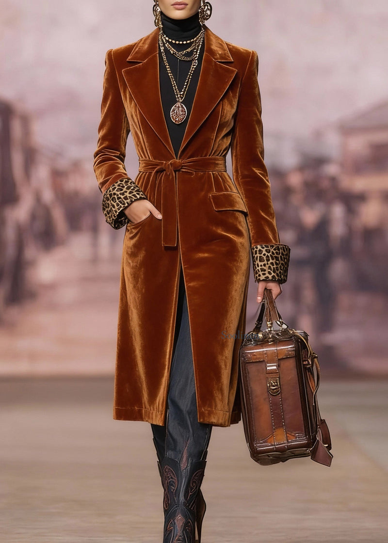 Brown Peter Pan Collar Lace Up Velvet Coat Spring