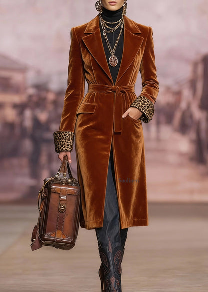 Brown Peter Pan Collar Lace Up Velvet Coat Spring