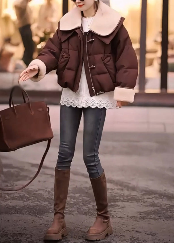 Brown Peter Pan Collar Patchwork Fine Cotton Filled Jackets Winter