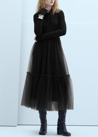Brown Peter Pan Collar Tulle Patchwork Knit Dress Fall