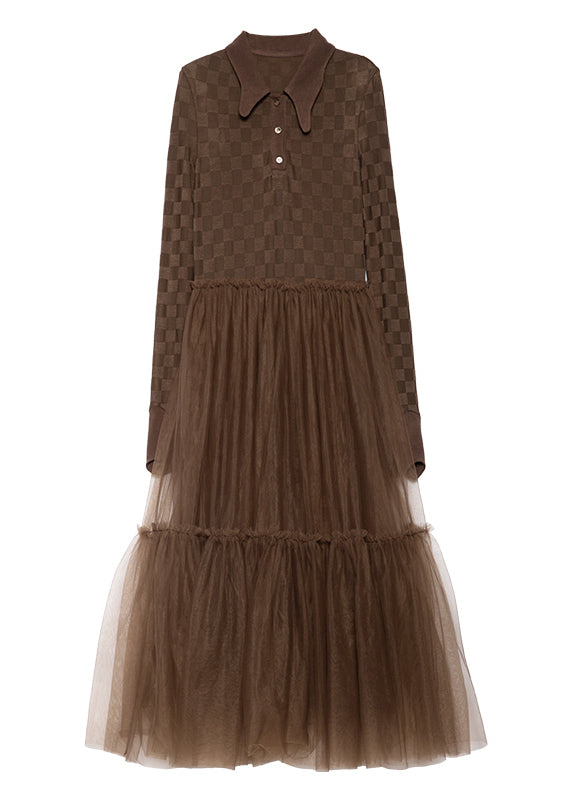 Brown Peter Pan Collar Tulle Patchwork Knit Dress Fall