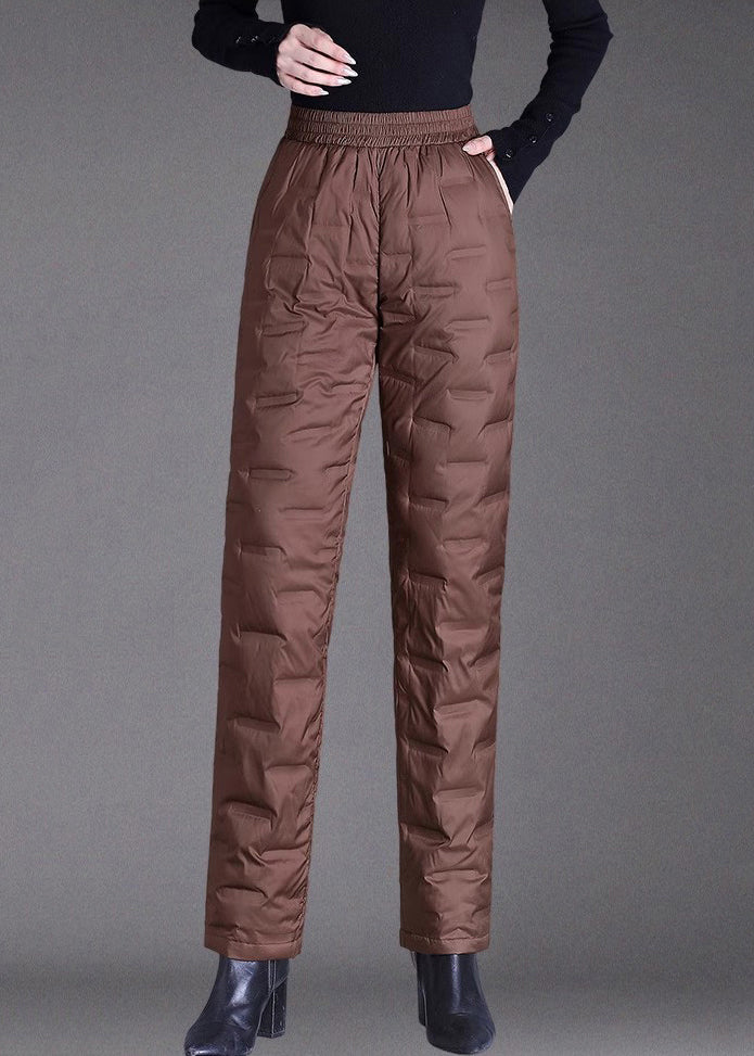 Brown Pockets Elastic Waist Duck Down Filled Pants Winter