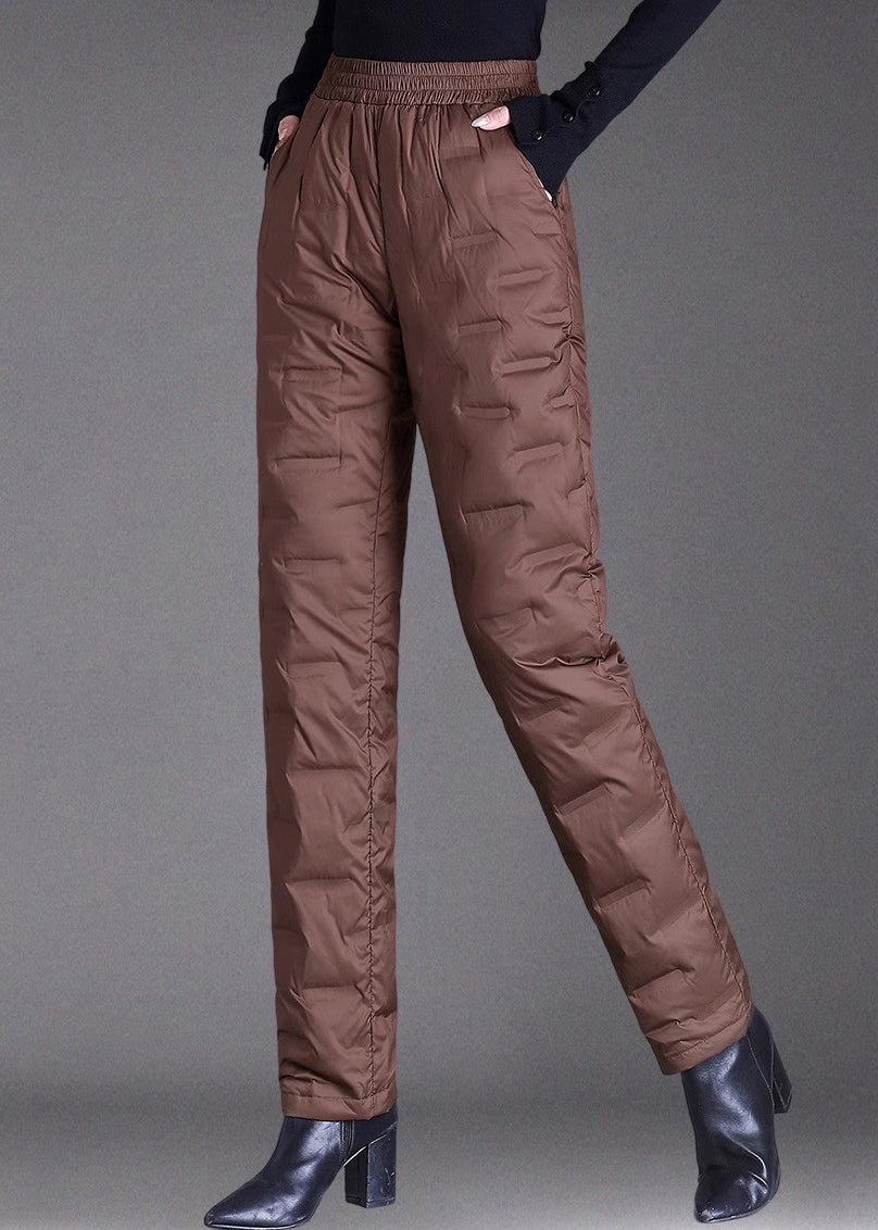 Brown Pockets Elastic Waist Duck Down Filled Pants Winter
