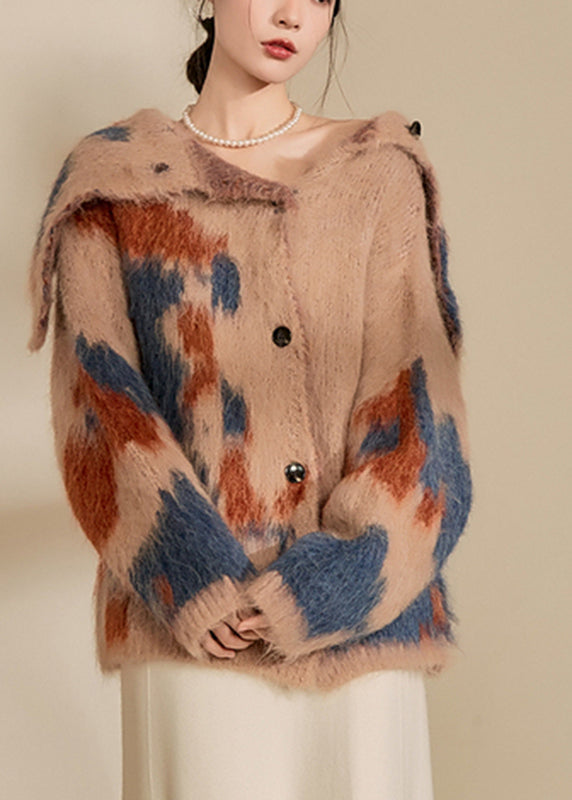 Brown Print Button Cotton Knit Cardigan Spring