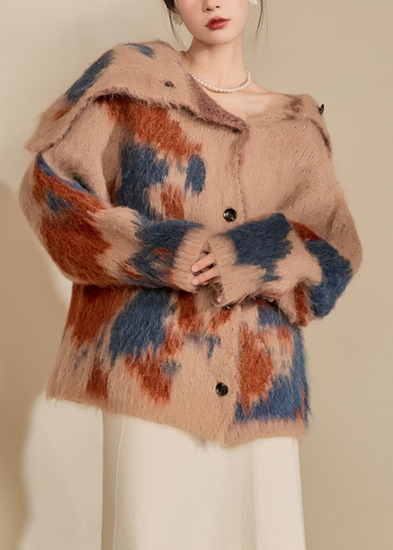 Brown Print Button Cotton Knit Cardigan Spring