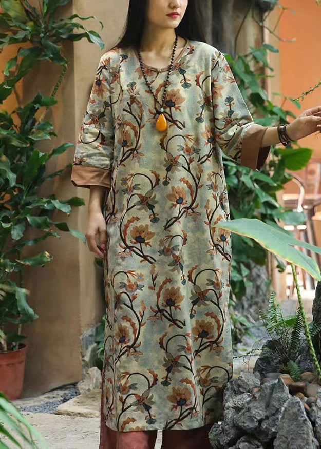 Brown Print Button Patchwork Cotton Dresses Bracelet Sleeve