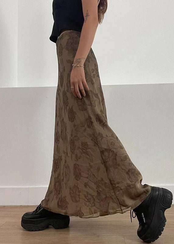 Brown Print High Waist Patchwork Tulle Maxi Skirts Fall