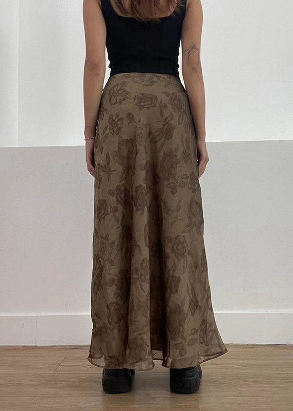 Brown Print High Waist Patchwork Tulle Maxi Skirts Fall