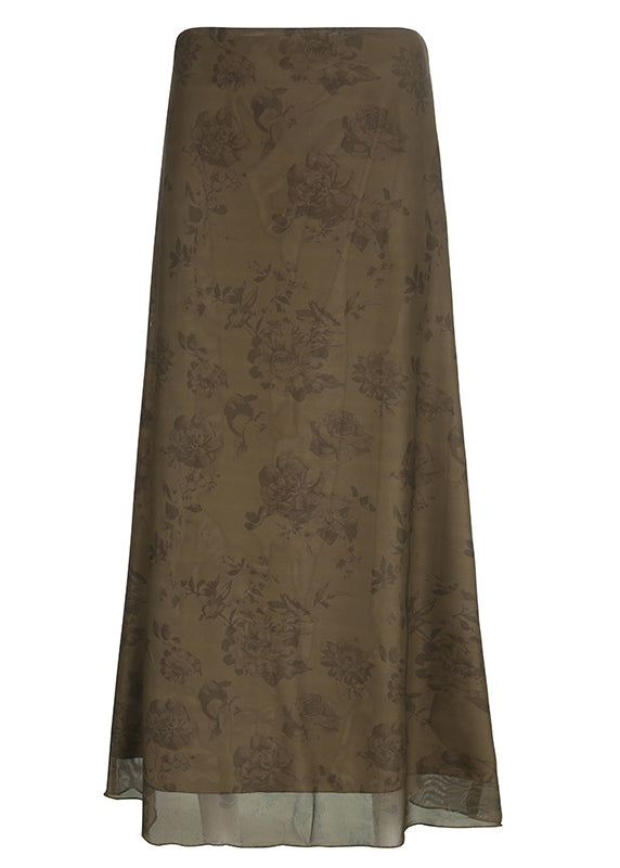 Brown Print High Waist Patchwork Tulle Maxi Skirts Fall