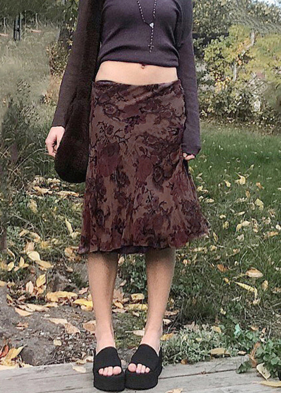 Brown Print High Waist Patchwork Tulle Skirts Summer