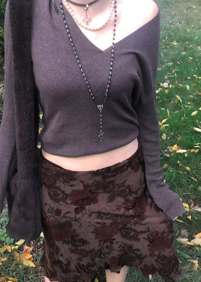 Brown Print High Waist Patchwork Tulle Skirts Summer