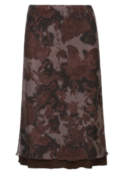 Brown Print High Waist Patchwork Tulle Skirts Summer