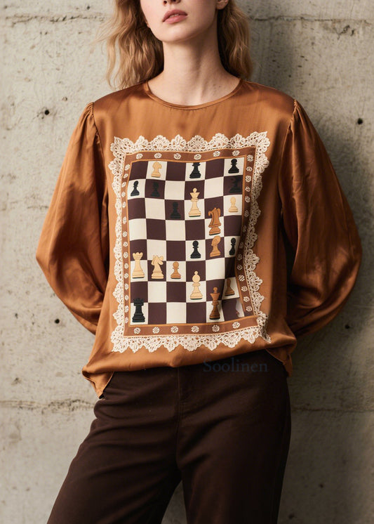 Women Brown Print Patchwork Silk Shirts Spring