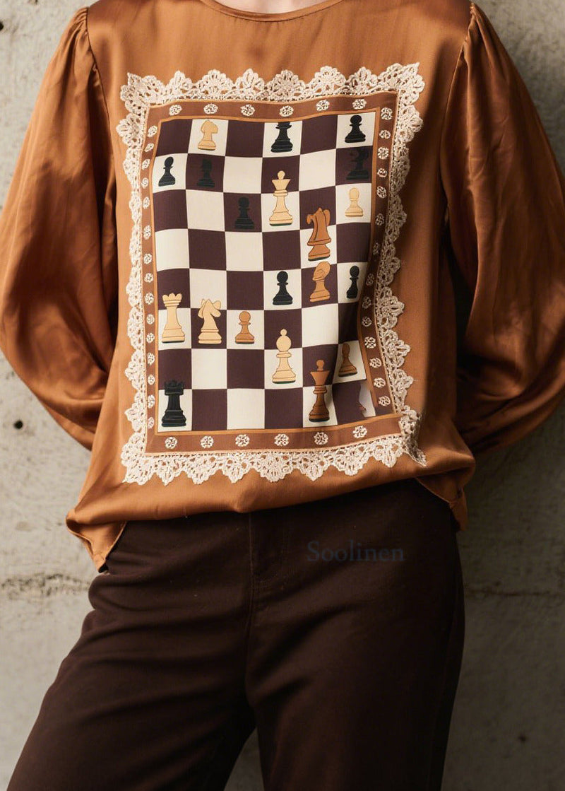 Brown Print Patchwork Silk Shirts Spring