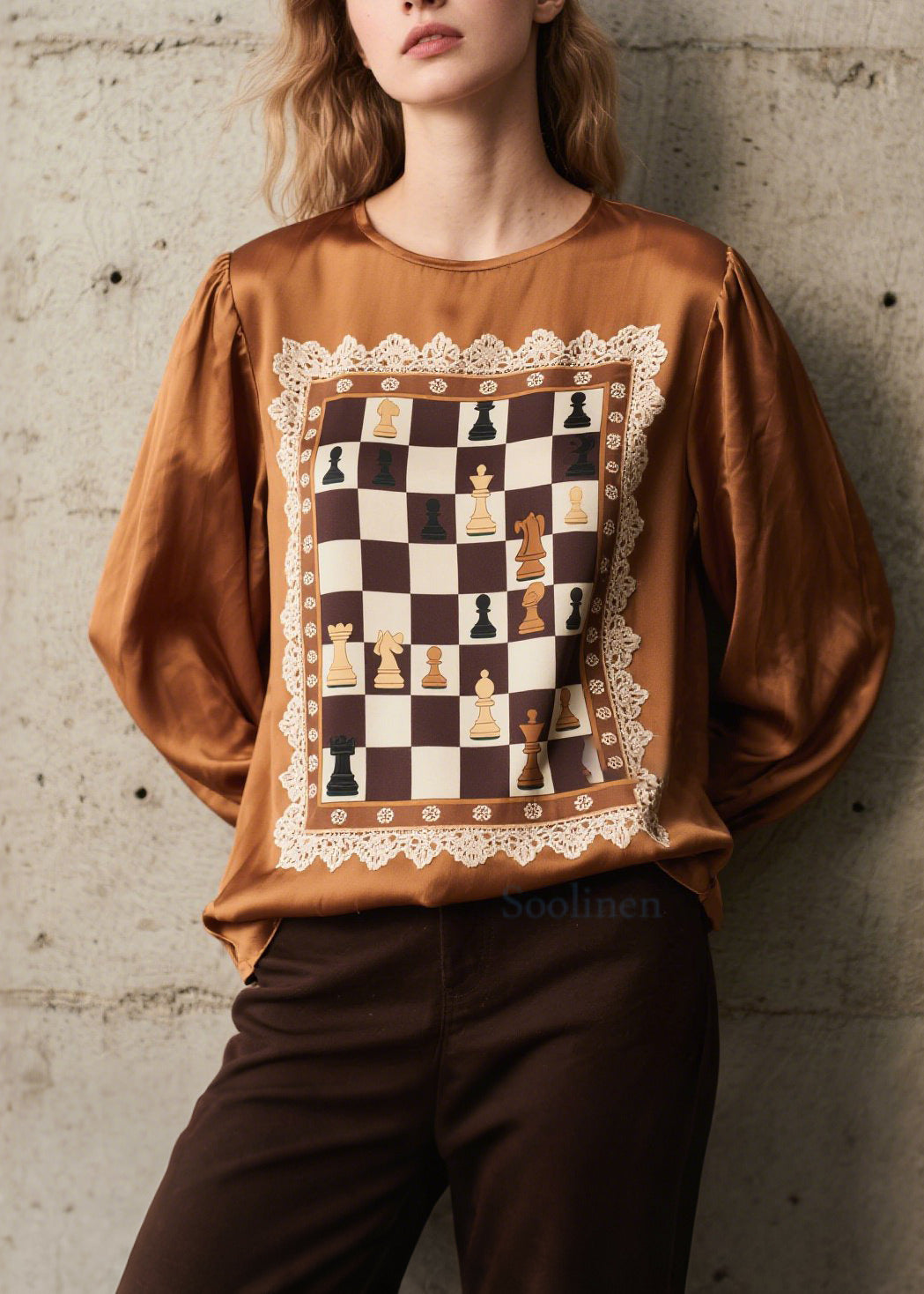 Women Brown Print Patchwork Silk Shirts Spring