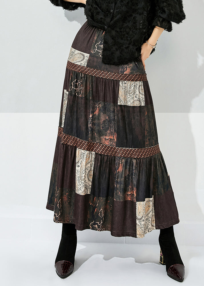 Brown Print Patchwork Wrinkled Silk Skirts Summer