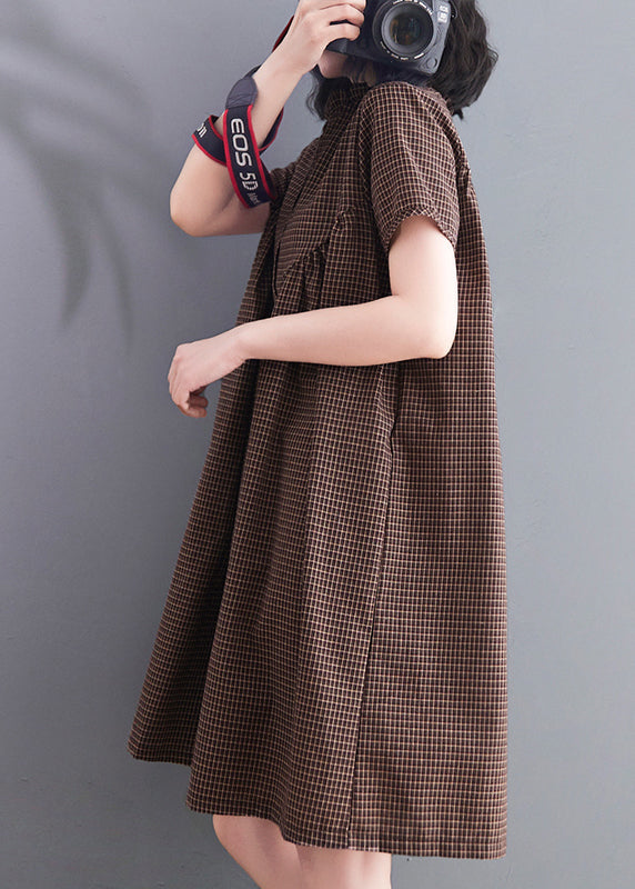 Brown Ruffled Plaid Linen a Line Dress Summer