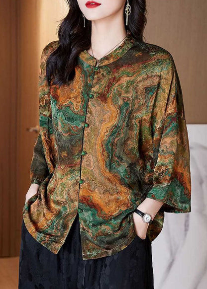 Black-texture Stand Collar Button Print Patchwork Silk Blouse Top Summer