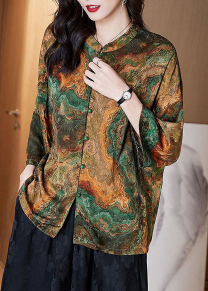 Red Stand Collar Button Print Patchwork Silk Blouse Top Summer