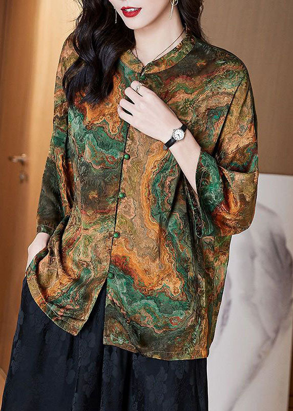 Black- Stand Collar Button Print Patchwork Silk Blouse Top Summer