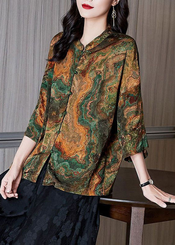 Black-texture Stand Collar Button Print Patchwork Silk Blouse Top Summer
