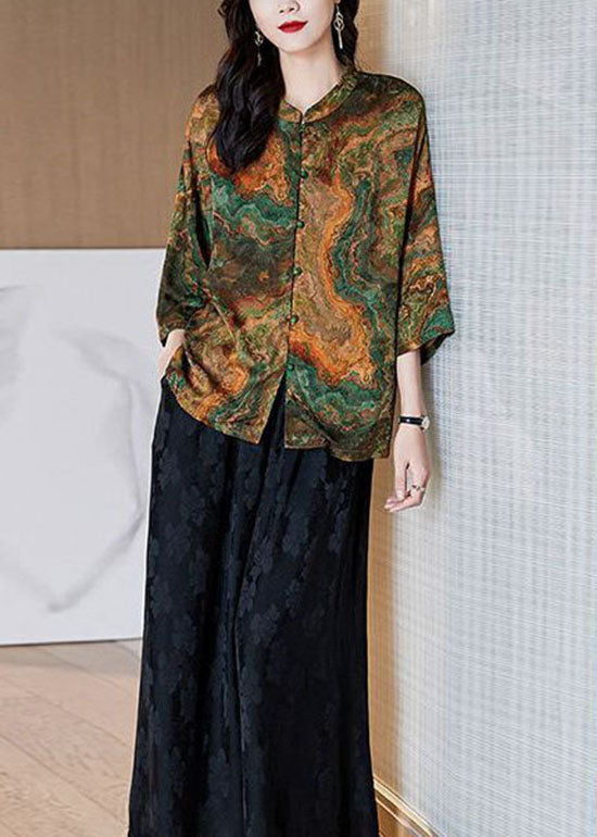 Black- Stand Collar Button Print Patchwork Silk Blouse Top Summer